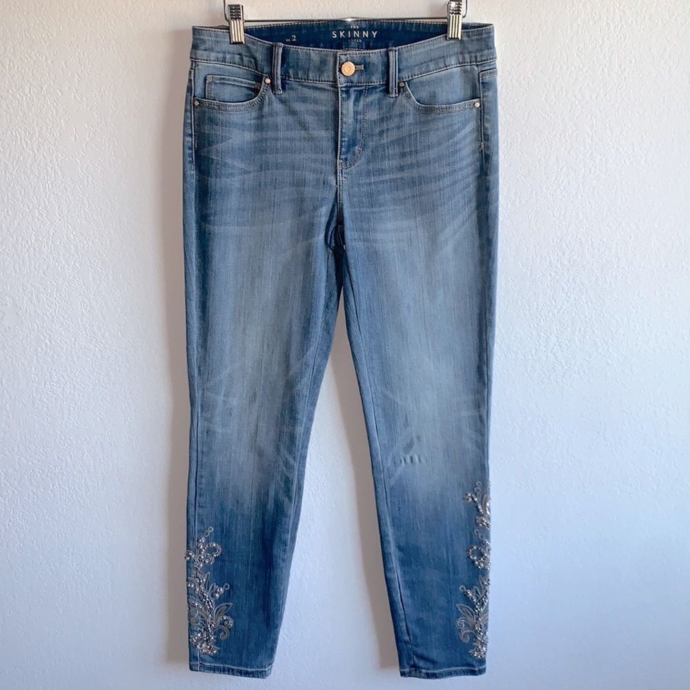 White House Black Market The Skinny Ankle Pearl Sequin Embroidered Jeans